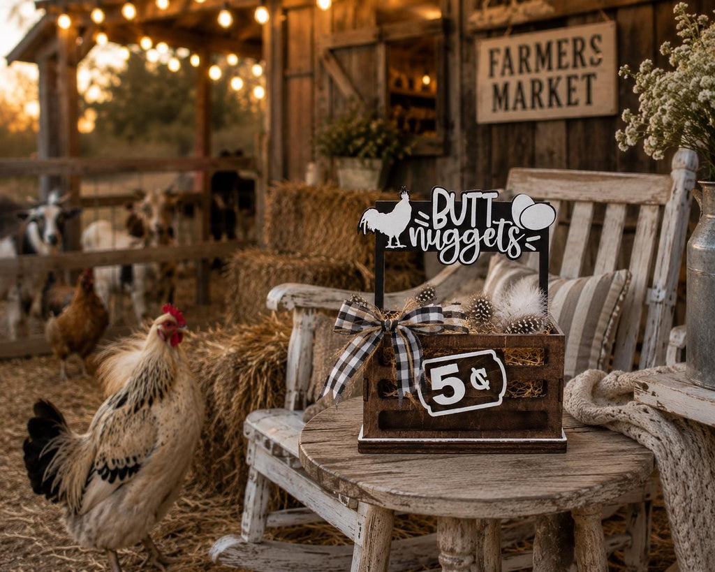 Butt Nuggets Interchangeable Crate Sign, Chicken Egg Wood Sign, Farmhouse Tabletop Decor, Farmers Market Decor, Shelf Decor