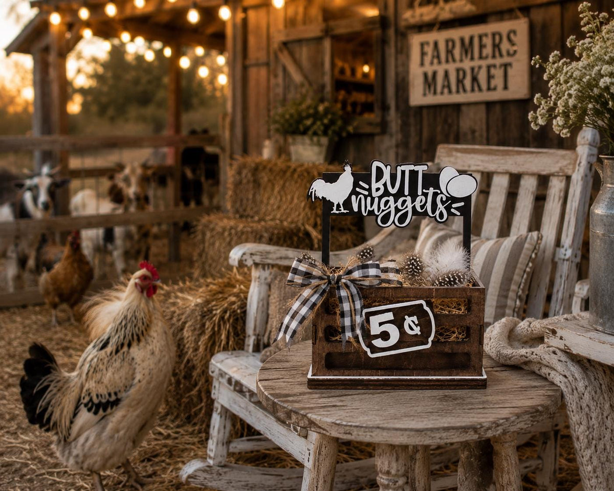 Butt Nuggets Interchangeable Crate Sign, Chicken Egg Wood Sign, Farmhouse Tabletop Decor, Farmers Market Decor, Shelf Decor