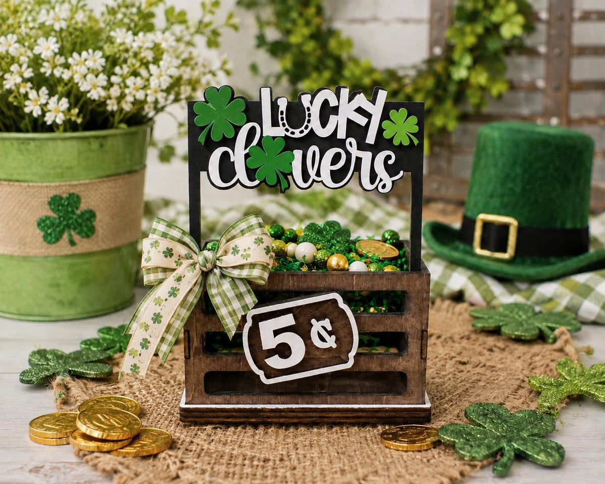 Lucky Clovers Interchangeable Crate Sign, St Patrick’s Day Wood Insert, Irish Tabletop Decor, Tiered Tray Decor, Shelf Decor
