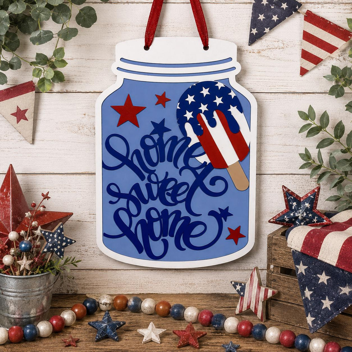 Patriotic Mason Jar Sign, Home Sweet Home Door Hanger, Americana Summer Decor