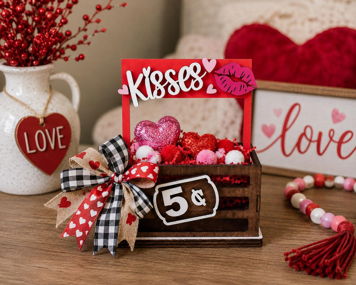 Valentines Interchangeable Crate Sign, Kisses Wood Insert, Valentines Tabletop Decor, Tiered Tray Decor, Shelf Decor