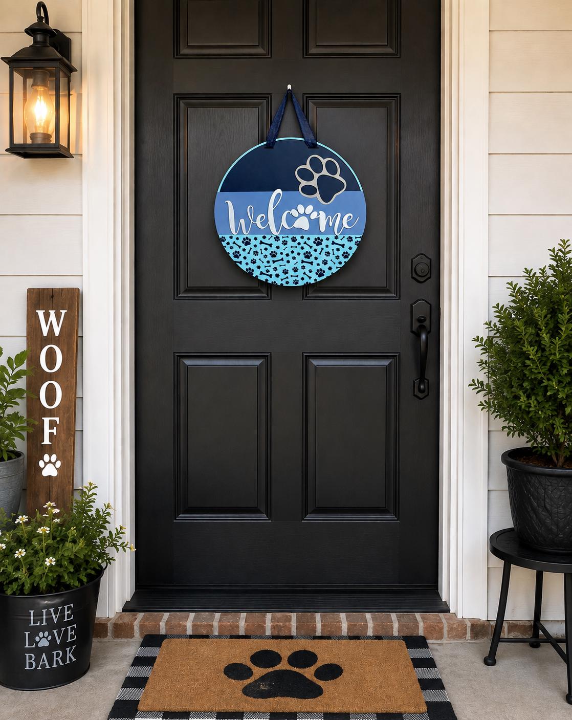 16 Inch Round Wooden Dog Welcome Sign, Paw Print Door Hanger, Pet Lover Decor