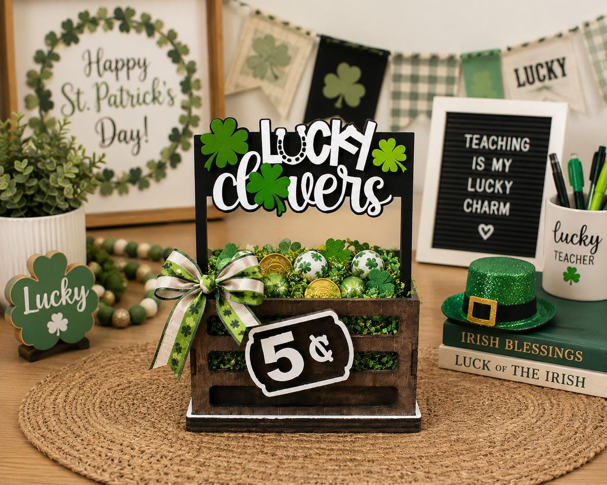Lucky Clovers Interchangeable Crate Sign, St Patrick’s Day Wood Insert, Irish Tabletop Decor, Tiered Tray Decor, Shelf Decor