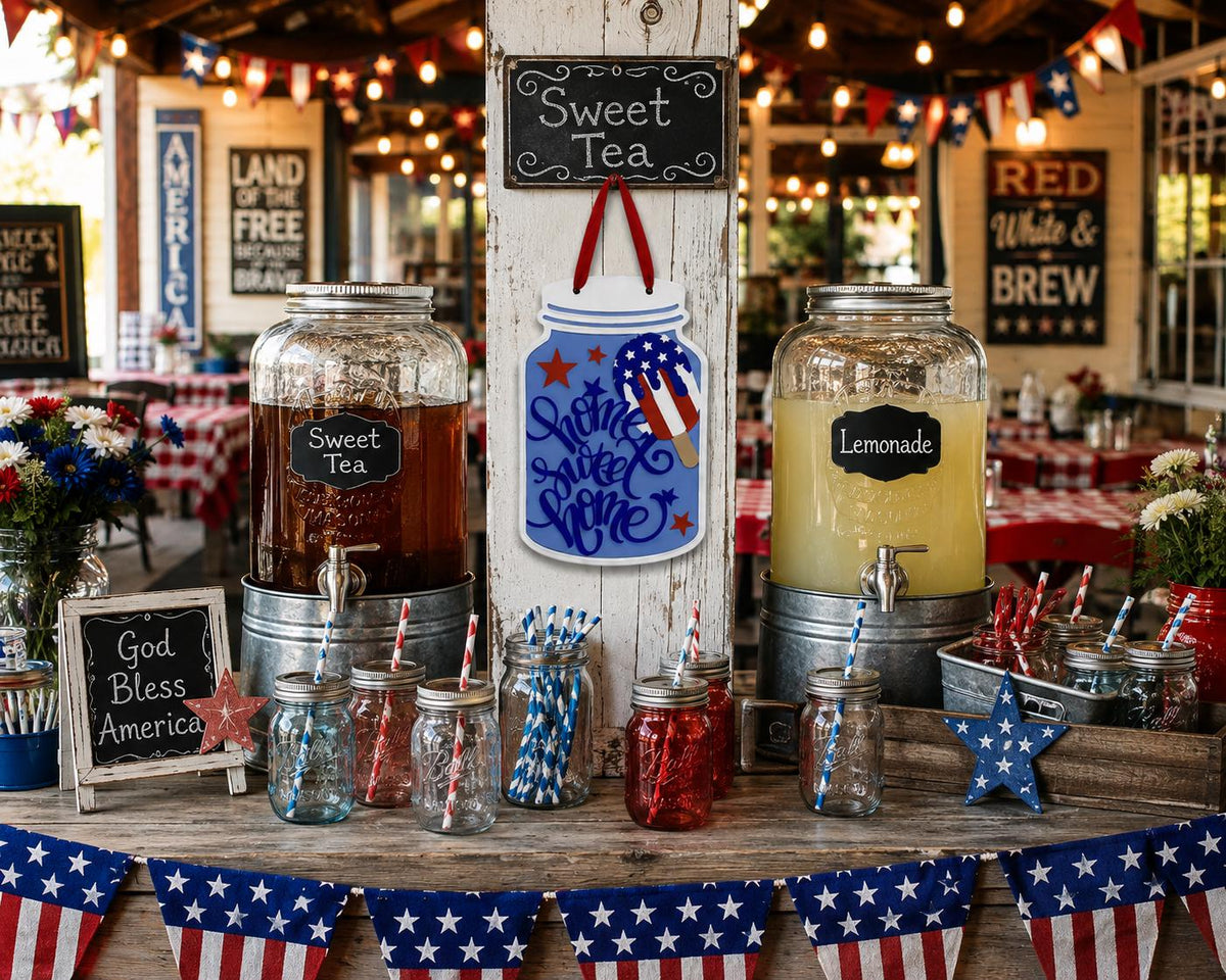 Patriotic Mason Jar Sign, Home Sweet Home Door Hanger, Americana Summer Decor