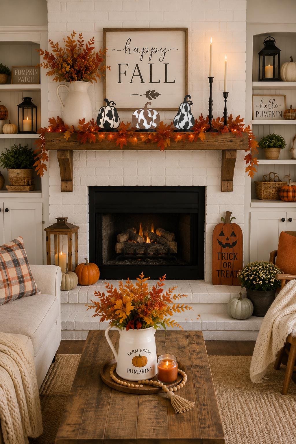 Set of 3 Cow Print Wooden Pumpkins, Rustic Western Farmhouse Fall Decor