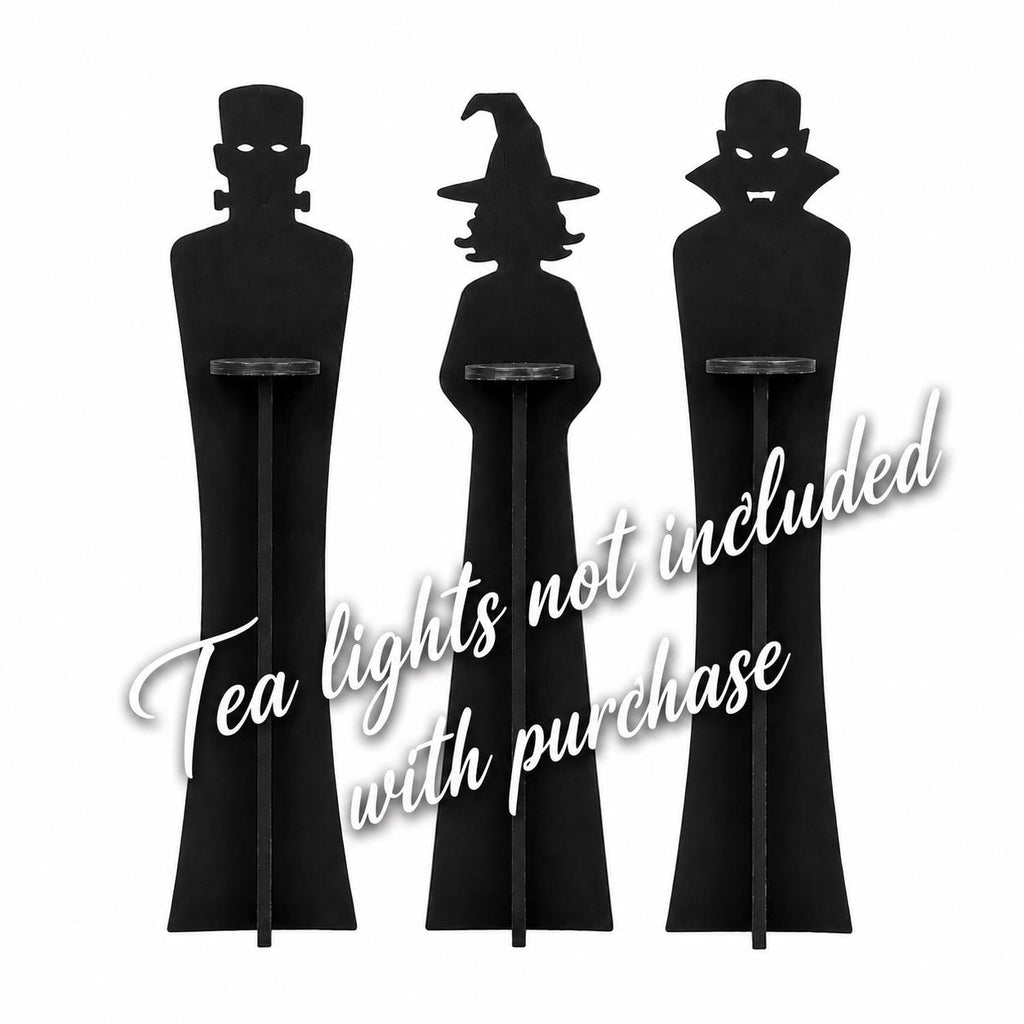 Set of 3 Halloween Tea Light Holders | Vampire, Witch, Monster Figures, Rustic Decor