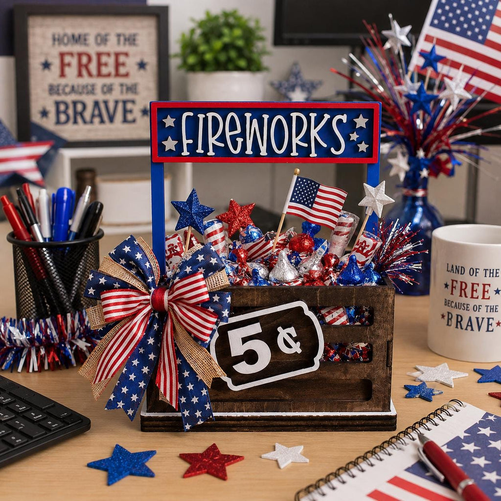 Fireworks Interchangeable Crate Sign, Fourth of July Wood Sign, Patriotic Tabletop Decor, Tiered Tray Decor, Shelf Decor