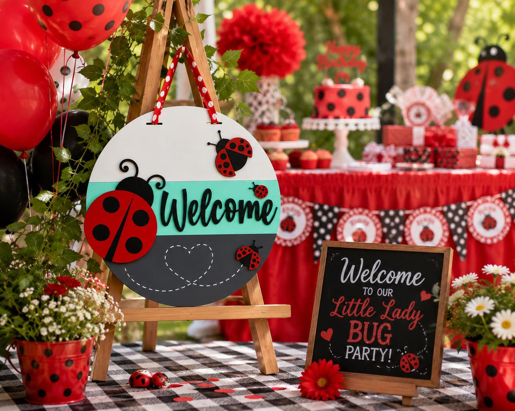 Handmade Ladybug Welcome Door Sign, 16" Layered Wood Porch Decor