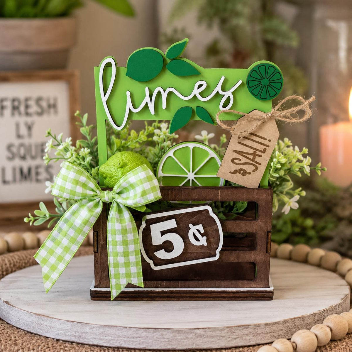 Limes Interchangeable Sign & Wooden Crate | Summer Citrus Decor | Farmhouse Kitchen Decor | Tiered Tray Accent | Handmade Shelf Sitter