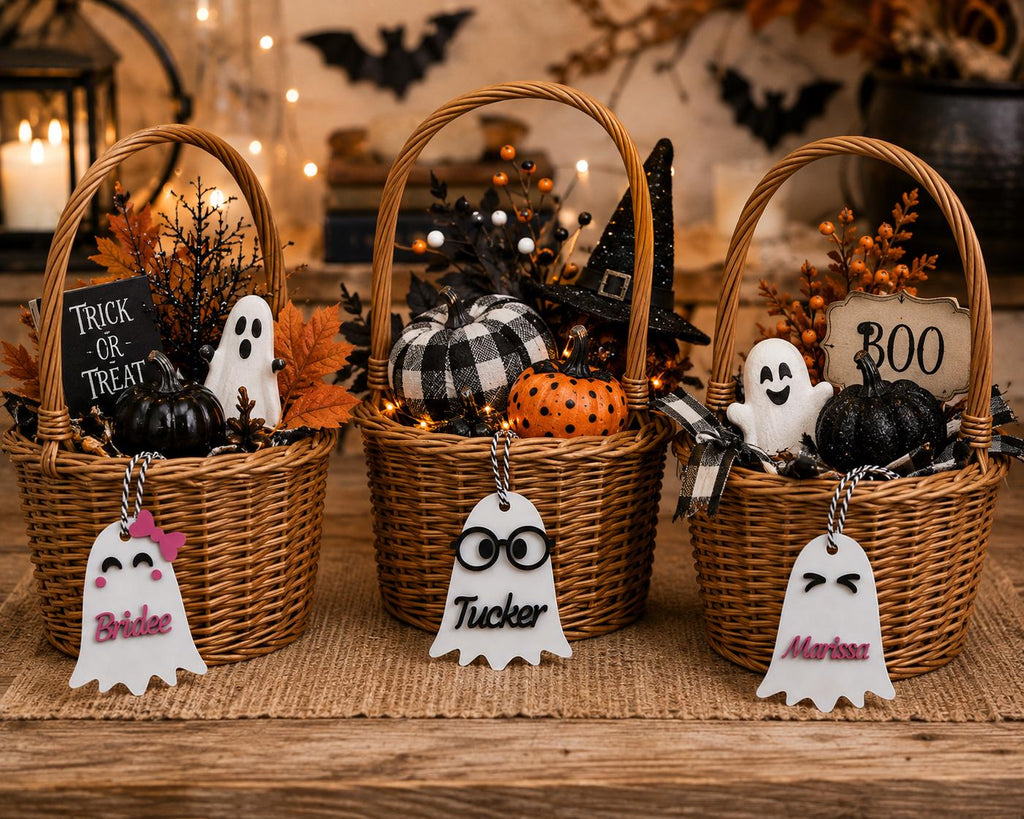 Personalized Halloween Name Tag, Wooden Trick or Treat Basket Charm, Ghost Pumpkin Bat Spider