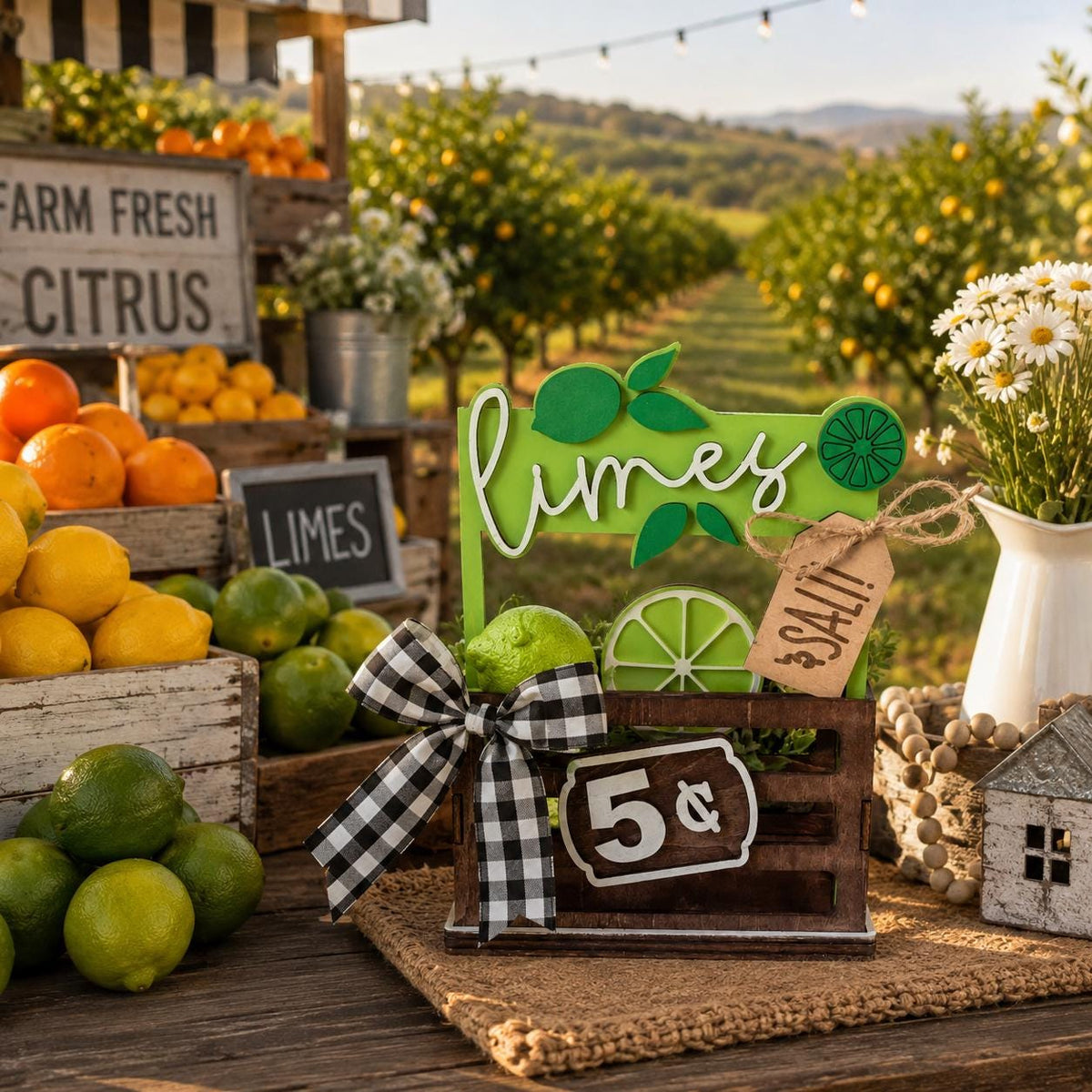 Limes Interchangeable Sign & Wooden Crate | Summer Citrus Decor | Farmhouse Kitchen Decor | Tiered Tray Accent | Handmade Shelf Sitter