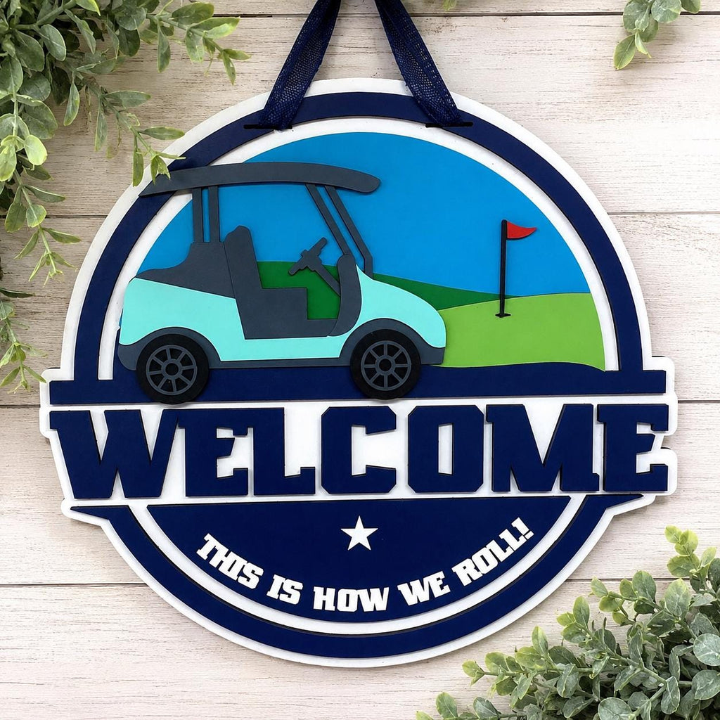 Golf Cart Welcome Sign, 16 Inch Round Door Decor, Golf Course Scene
