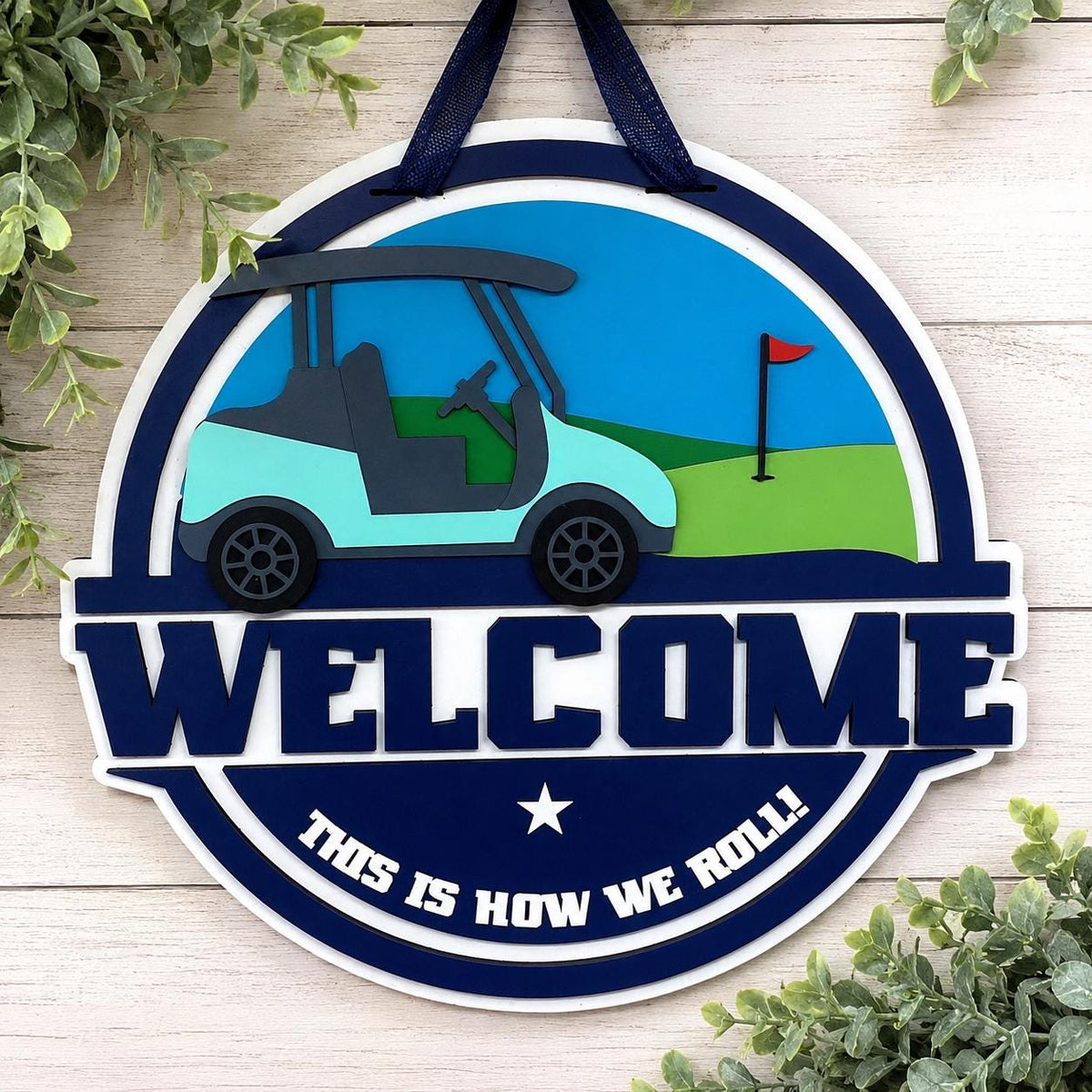 Golf Cart Welcome Sign, 16 Inch Round Door Decor, Golf Course Scene