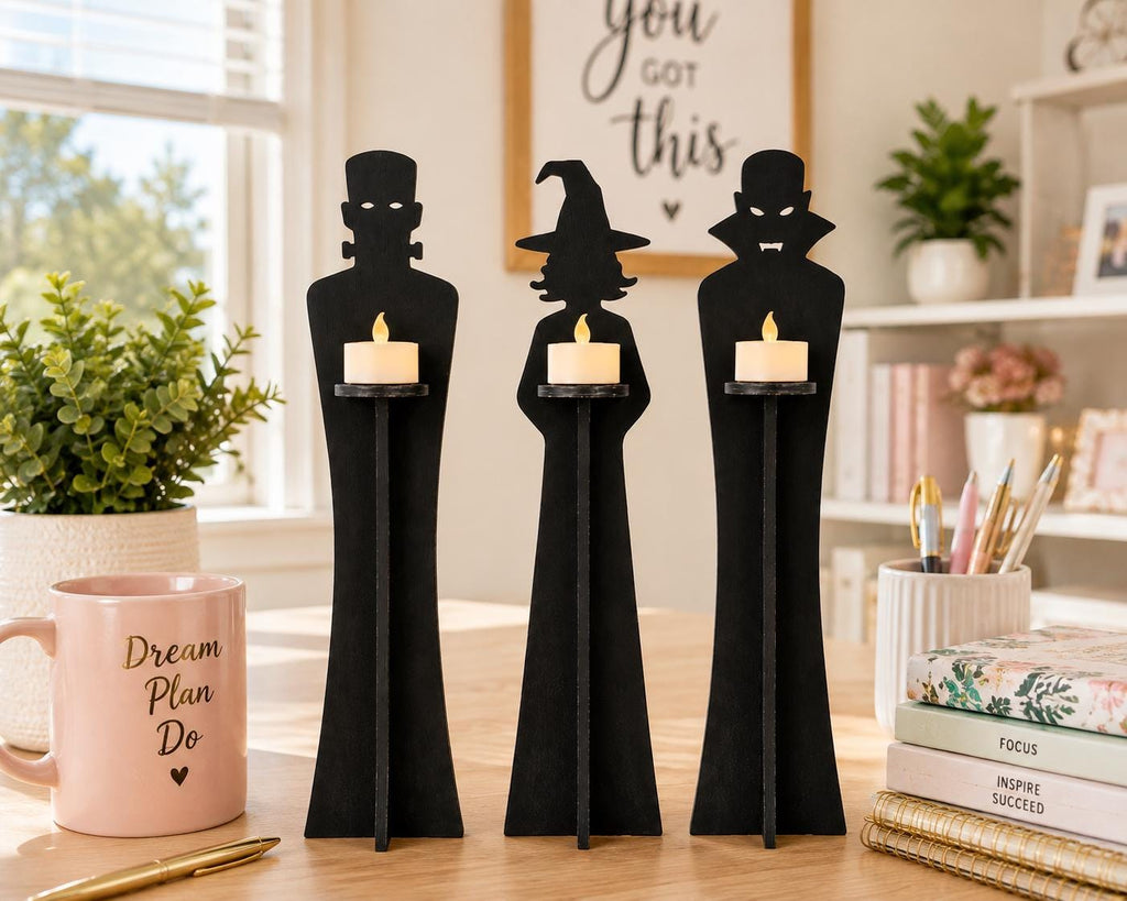 Set of 3 Halloween Tea Light Holders | Vampire, Witch, Monster Figures, Rustic Decor