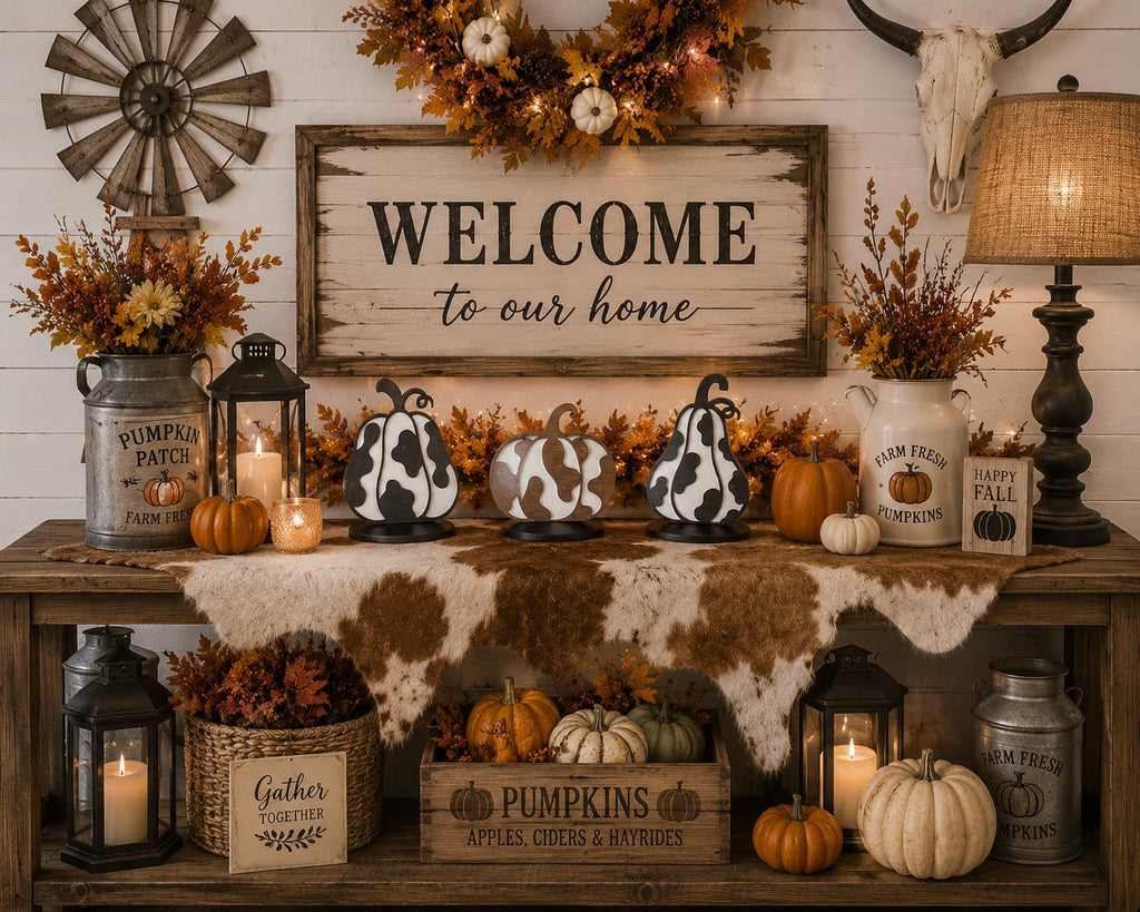 Set of 3 Cow Print Wooden Pumpkins, Rustic Western Farmhouse Fall Decor