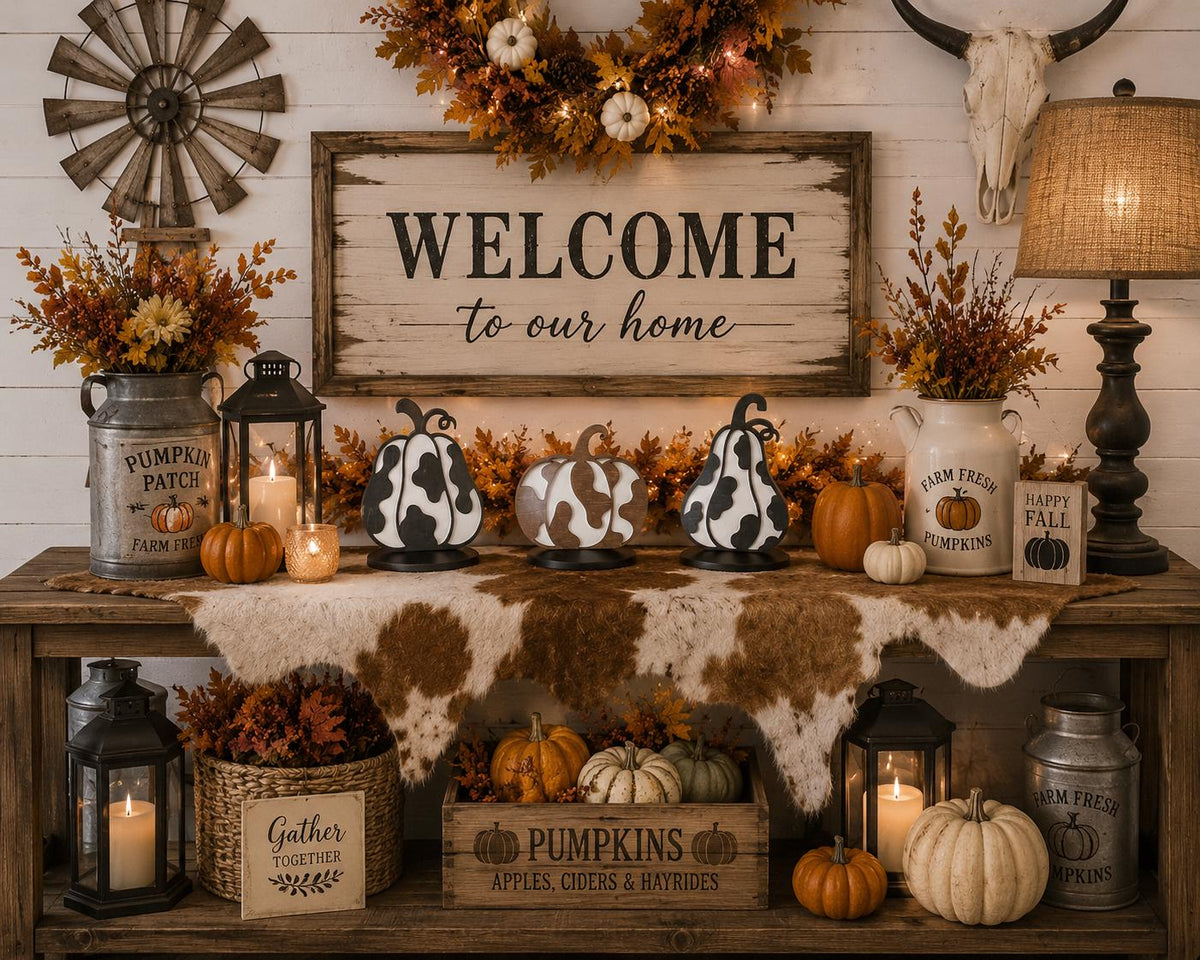 Set of 3 Cow Print Wooden Pumpkins, Rustic Western Farmhouse Fall Decor