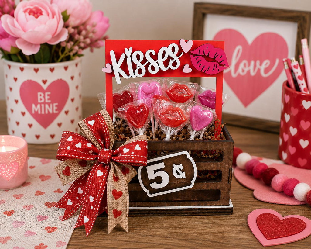 Valentines Interchangeable Crate Sign, Kisses Wood Insert, Valentines Tabletop Decor, Tiered Tray Decor, Shelf Decor