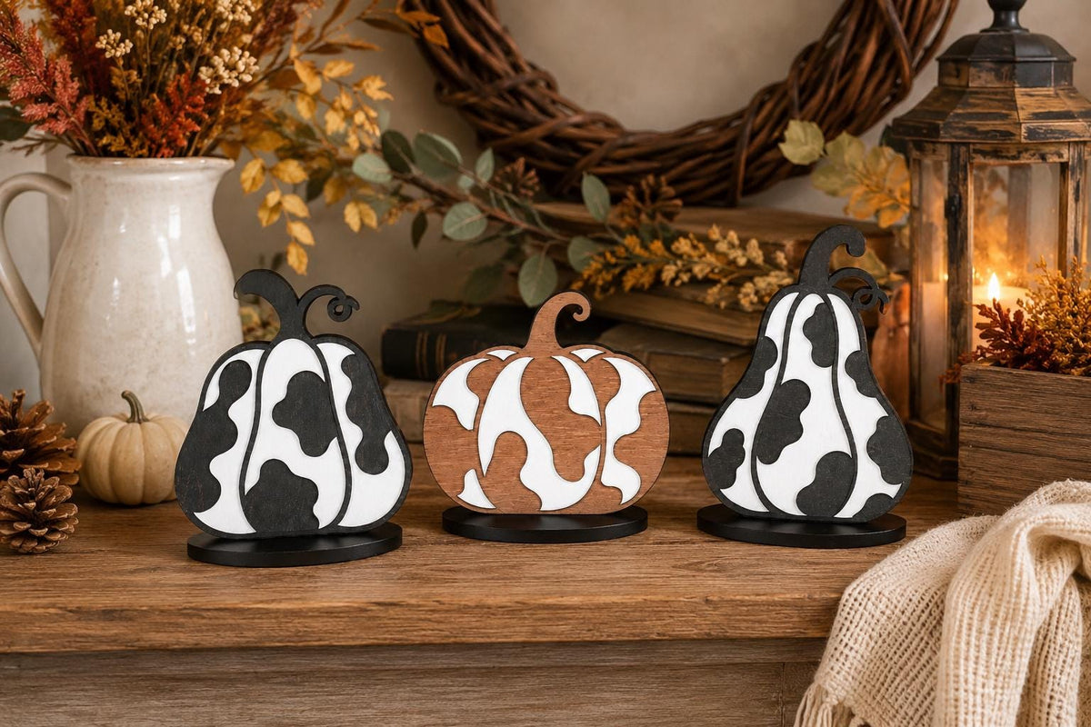 Set of 3 Cow Print Wooden Pumpkins, Rustic Western Farmhouse Fall Decor