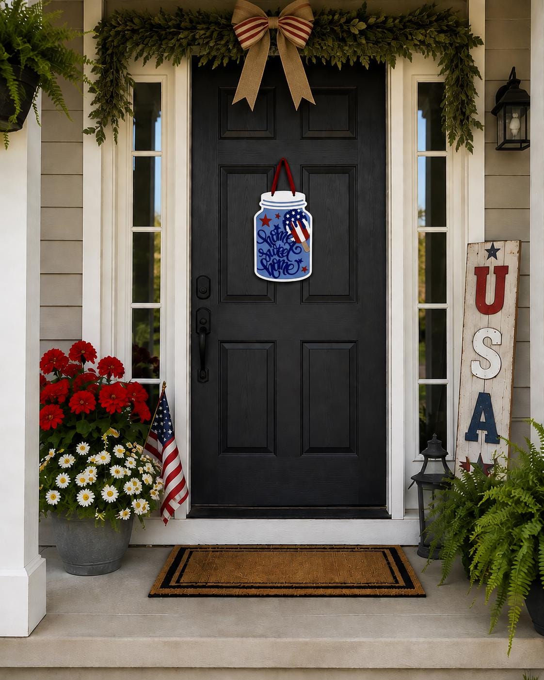 Patriotic Mason Jar Sign, Home Sweet Home Door Hanger, Americana Summer Decor