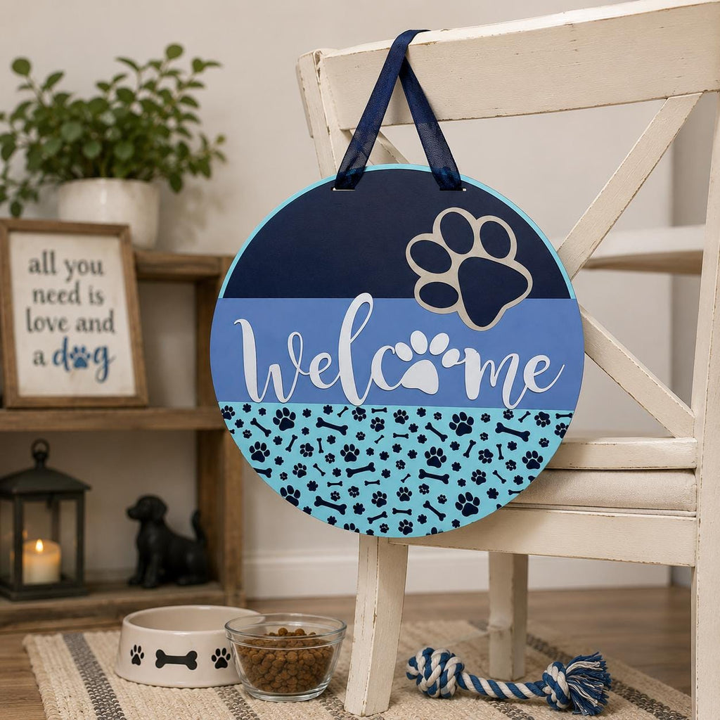 16 Inch Round Wooden Dog Welcome Sign, Paw Print Door Hanger, Pet Lover Decor