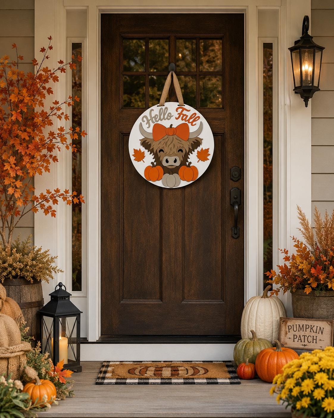 Hand-Painted Highland Cow Fall Door Hanger, Layered Autumn Porch Sign