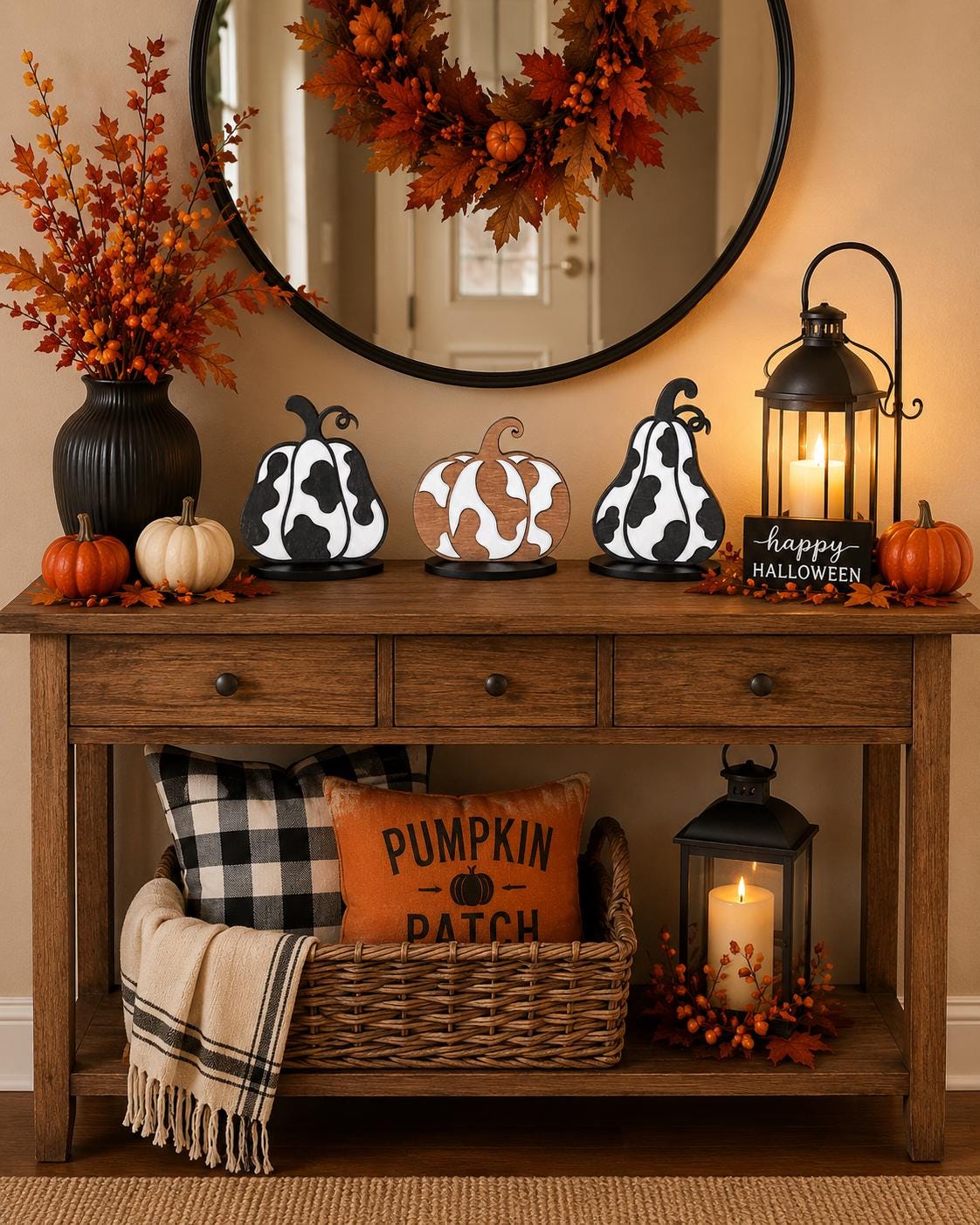 Set of 3 Cow Print Wooden Pumpkins, Rustic Western Farmhouse Fall Decor