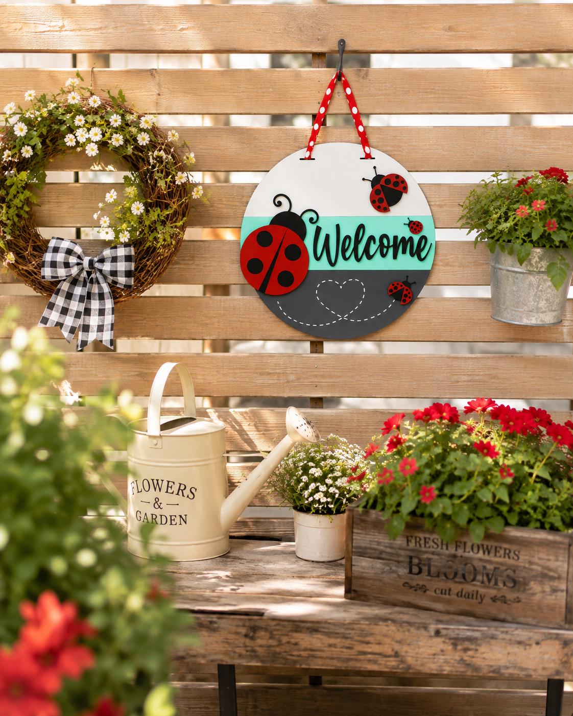 Handmade Ladybug Welcome Door Sign, 16" Layered Wood Porch Decor