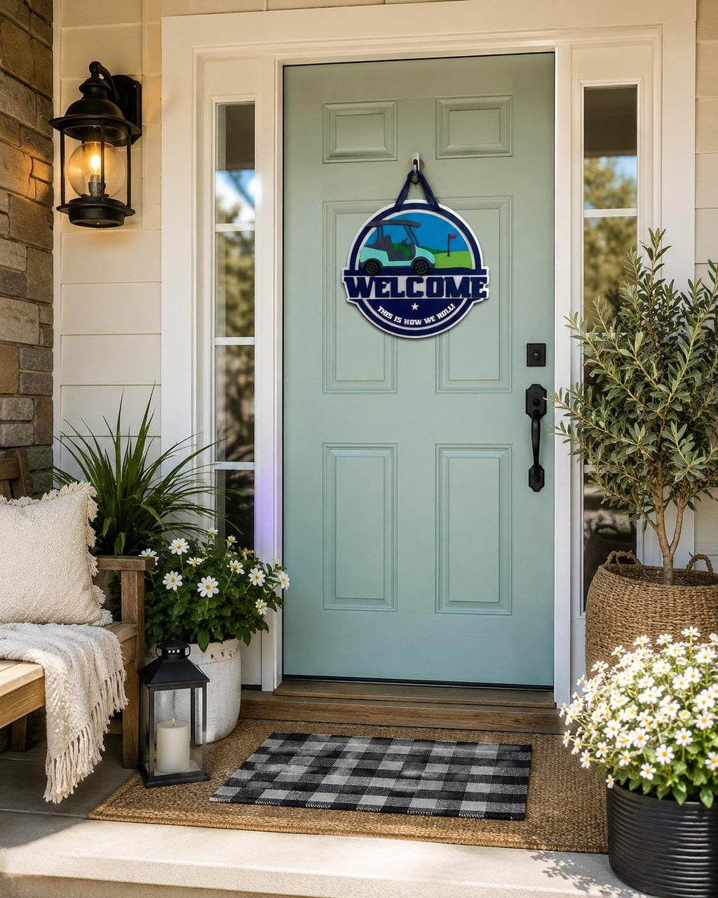 Golf Cart Welcome Sign, 16 Inch Round Door Decor, Golf Course Scene