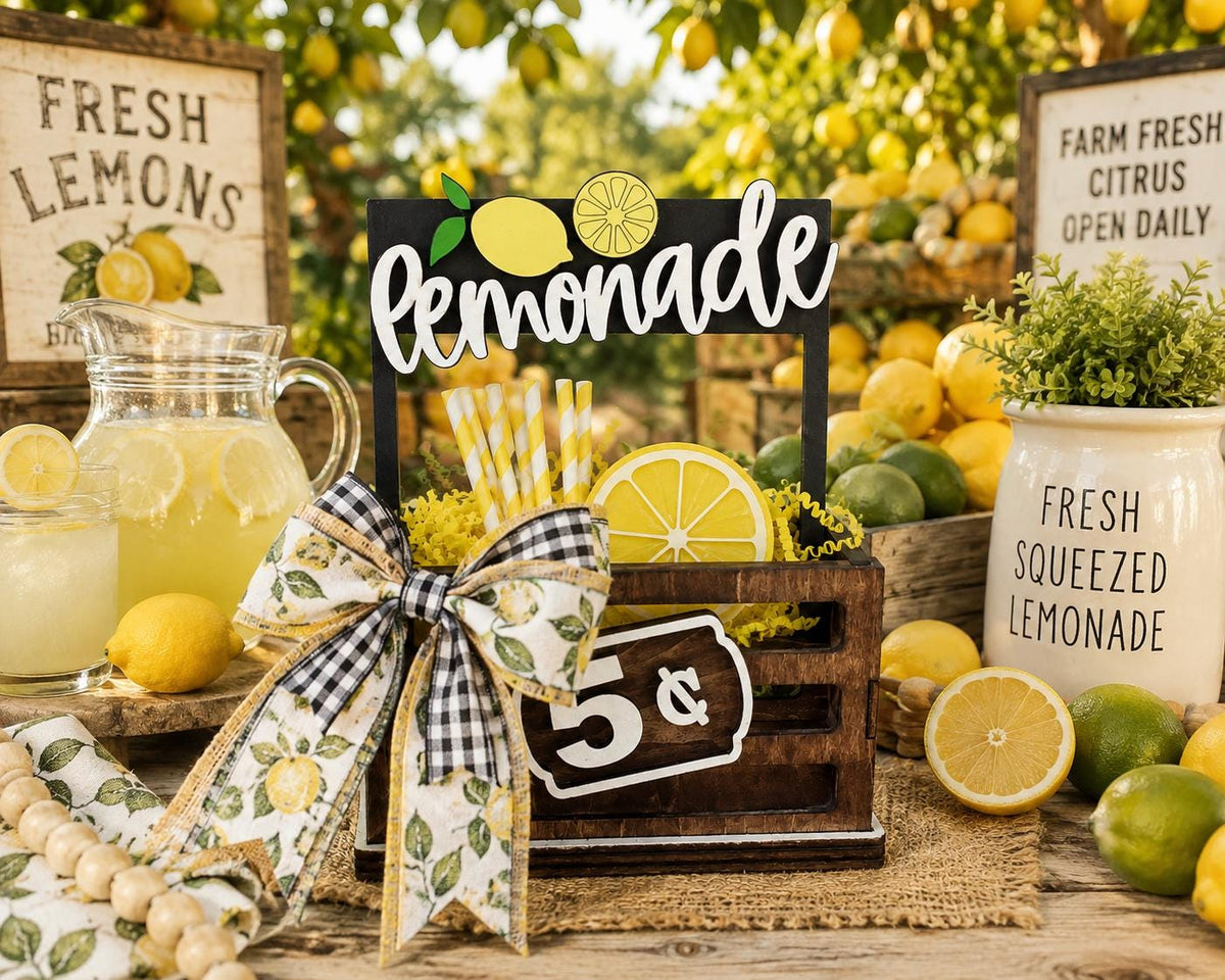 Lemonade Interchangeable Sign & Wooden Crate | Summer Lemon Decor | Farmhouse Kitchen Decor | Tiered Tray Accent | Shelf Sitter