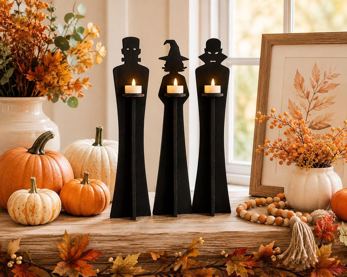 Set of 3 Halloween Tea Light Holders | Vampire, Witch, Monster Figures, Rustic Decor