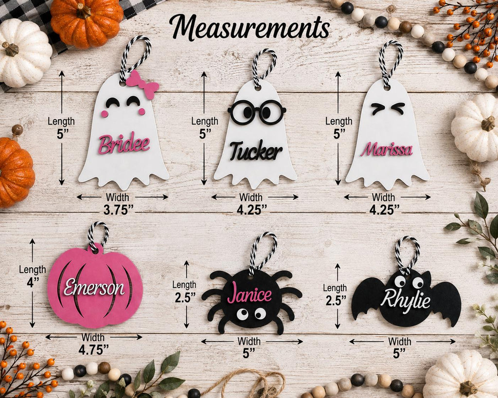 Personalized Halloween Name Tag, Wooden Trick or Treat Basket Charm, Ghost Pumpkin Bat Spider