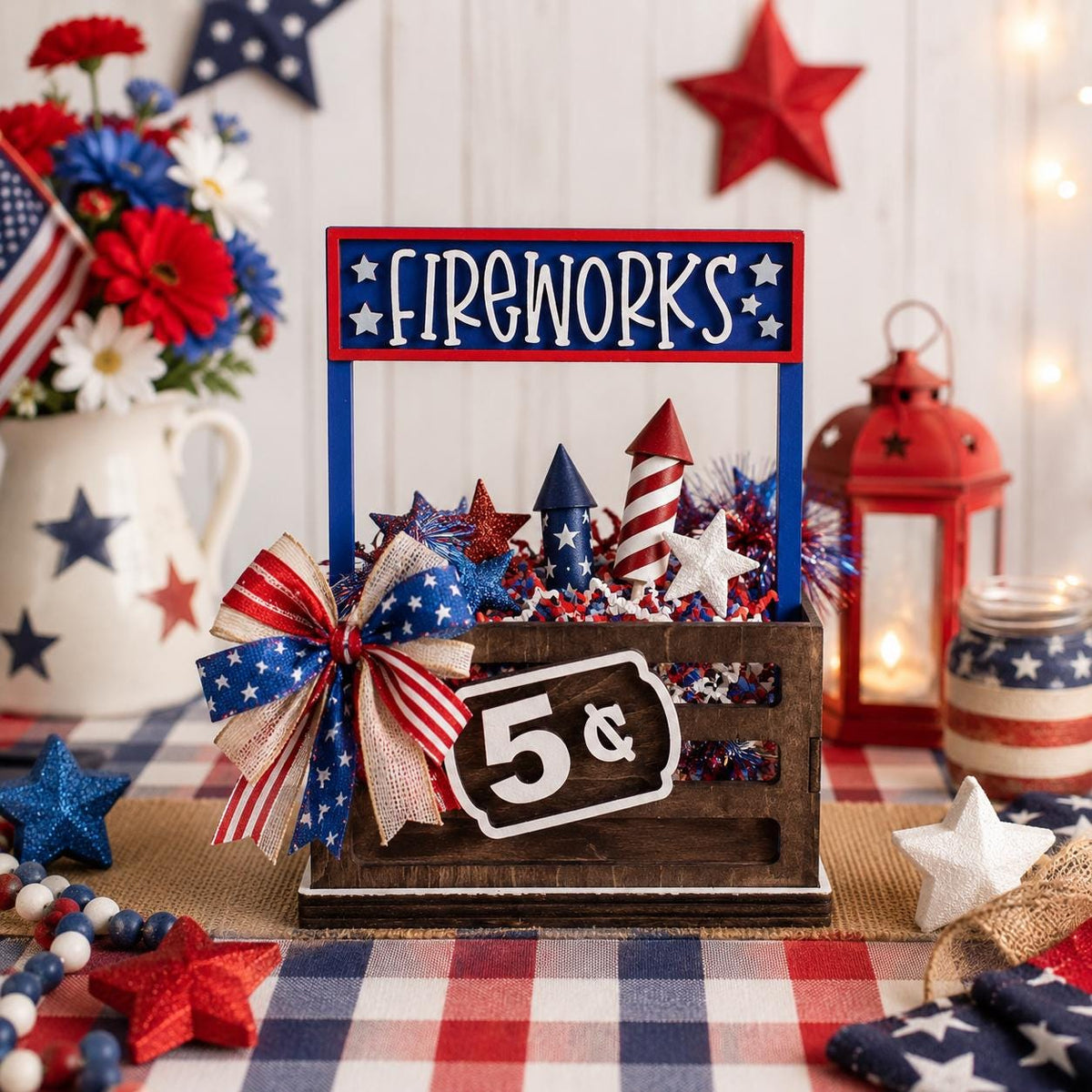Fireworks Interchangeable Crate Sign, Fourth of July Wood Sign, Patriotic Tabletop Decor, Tiered Tray Decor, Shelf Decor