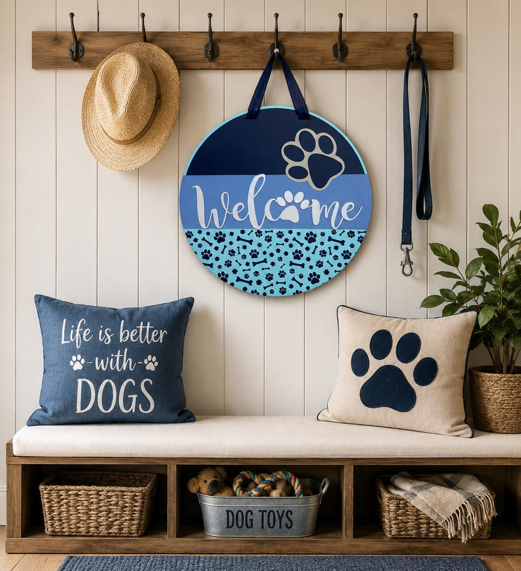 16 Inch Round Wooden Dog Welcome Sign, Paw Print Door Hanger, Pet Lover Decor