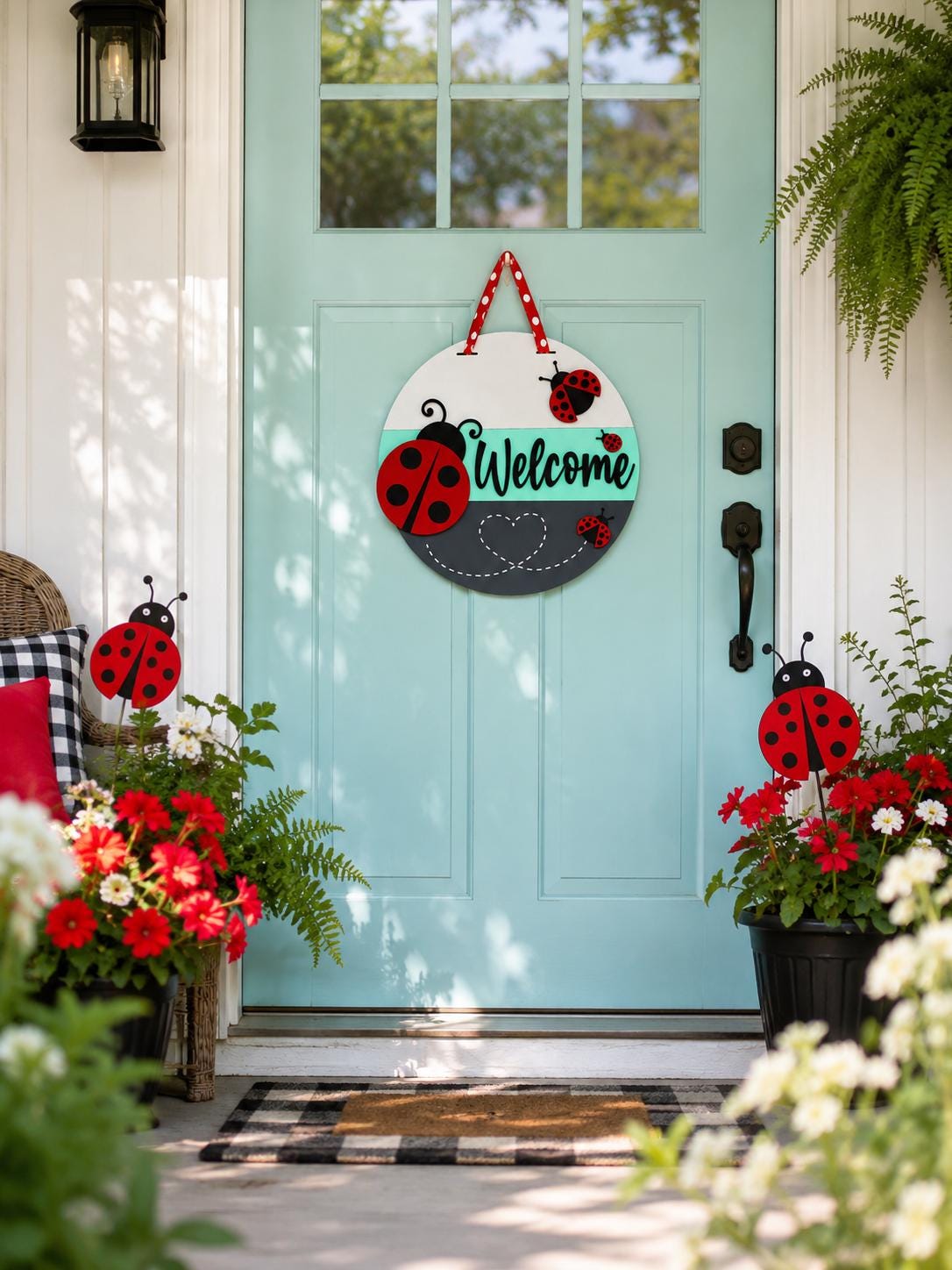 Handmade Ladybug Welcome Door Sign, 16" Layered Wood Porch Decor