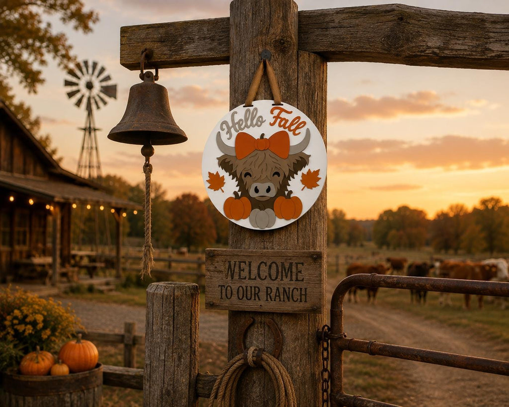 Hand-Painted Highland Cow Fall Door Hanger, Layered Autumn Porch Sign