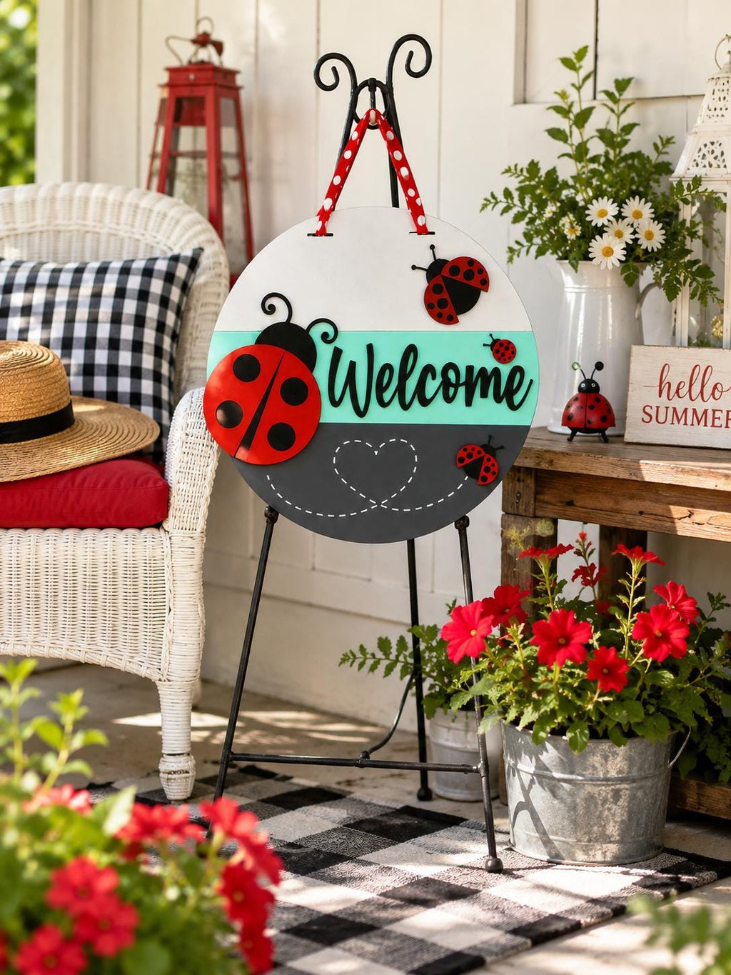 Handmade Ladybug Welcome Door Sign, 16" Layered Wood Porch Decor
