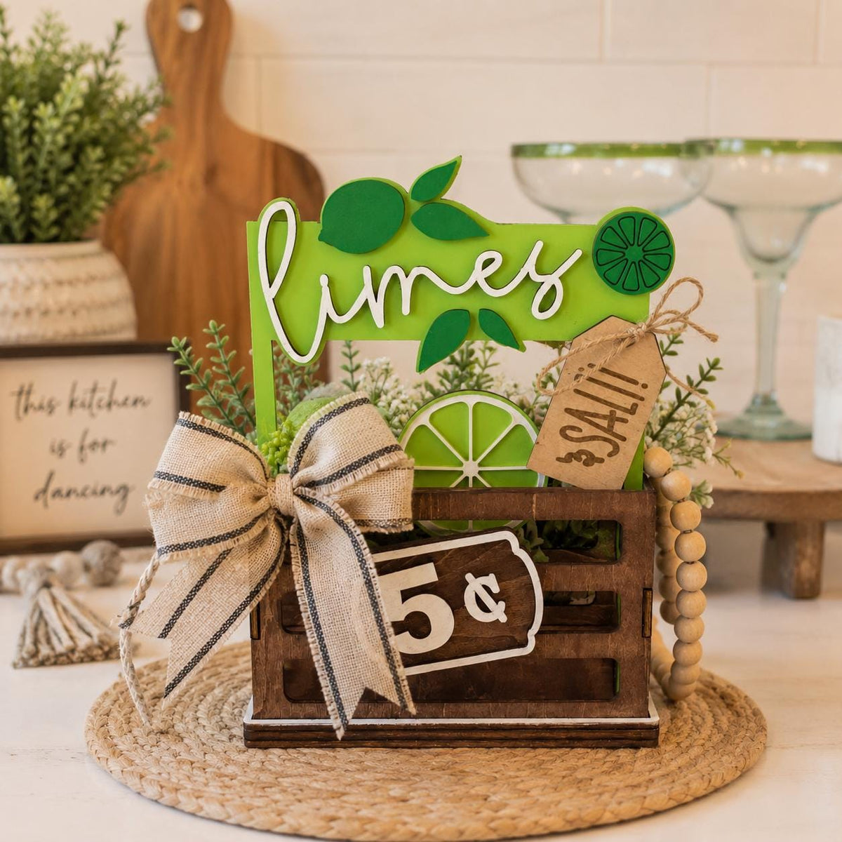 Limes Interchangeable Sign & Wooden Crate | Summer Citrus Decor | Farmhouse Kitchen Decor | Tiered Tray Accent | Handmade Shelf Sitter