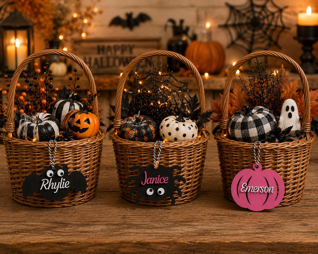 Personalized Halloween Name Tag, Wooden Trick or Treat Basket Charm, Ghost Pumpkin Bat Spider