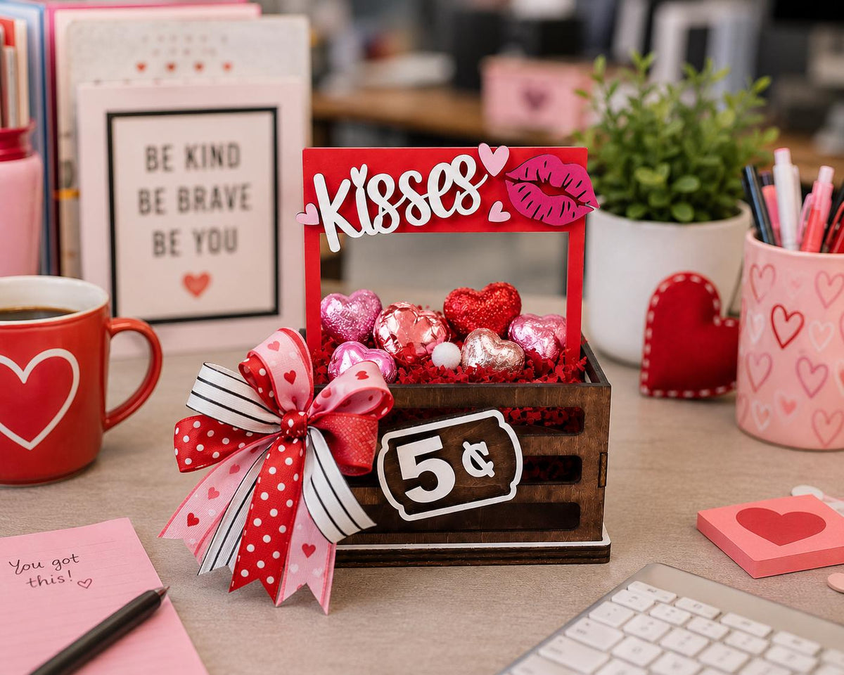 Valentines Interchangeable Crate Sign, Kisses Wood Insert, Valentines Tabletop Decor, Tiered Tray Decor, Shelf Decor