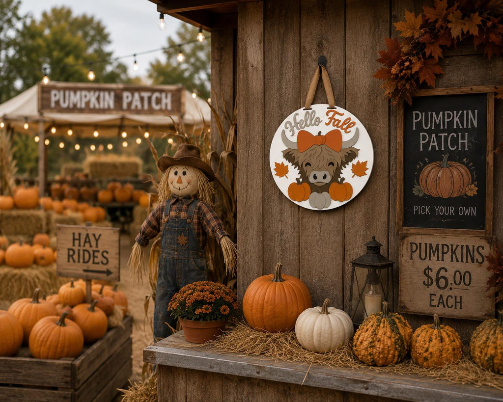 Hand-Painted Highland Cow Fall Door Hanger, Layered Autumn Porch Sign