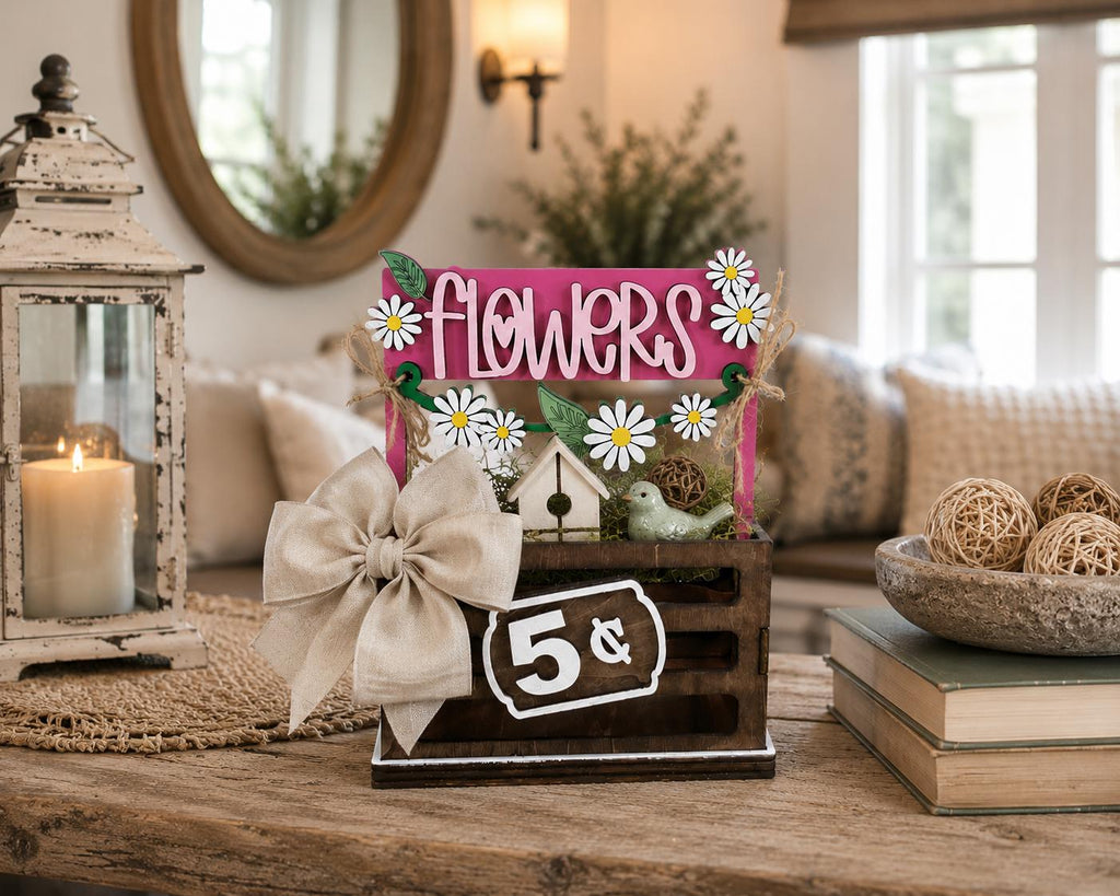 Flowers Interchangeable Crate Sign, Daisy Wood Sign, Farmers Market Decor, Farmhouse Tabletop Decor, Shelf Decor