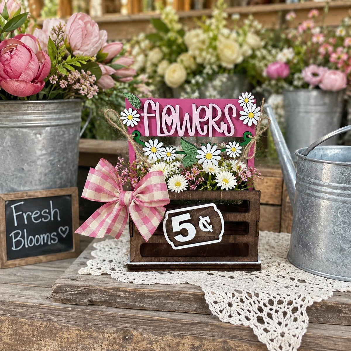Flowers Interchangeable Crate Sign, Daisy Wood Sign, Farmers Market Decor, Farmhouse Tabletop Decor, Shelf Decor