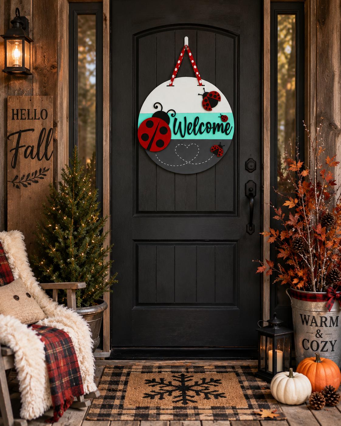 Handmade Ladybug Welcome Door Sign, 16" Layered Wood Porch Decor
