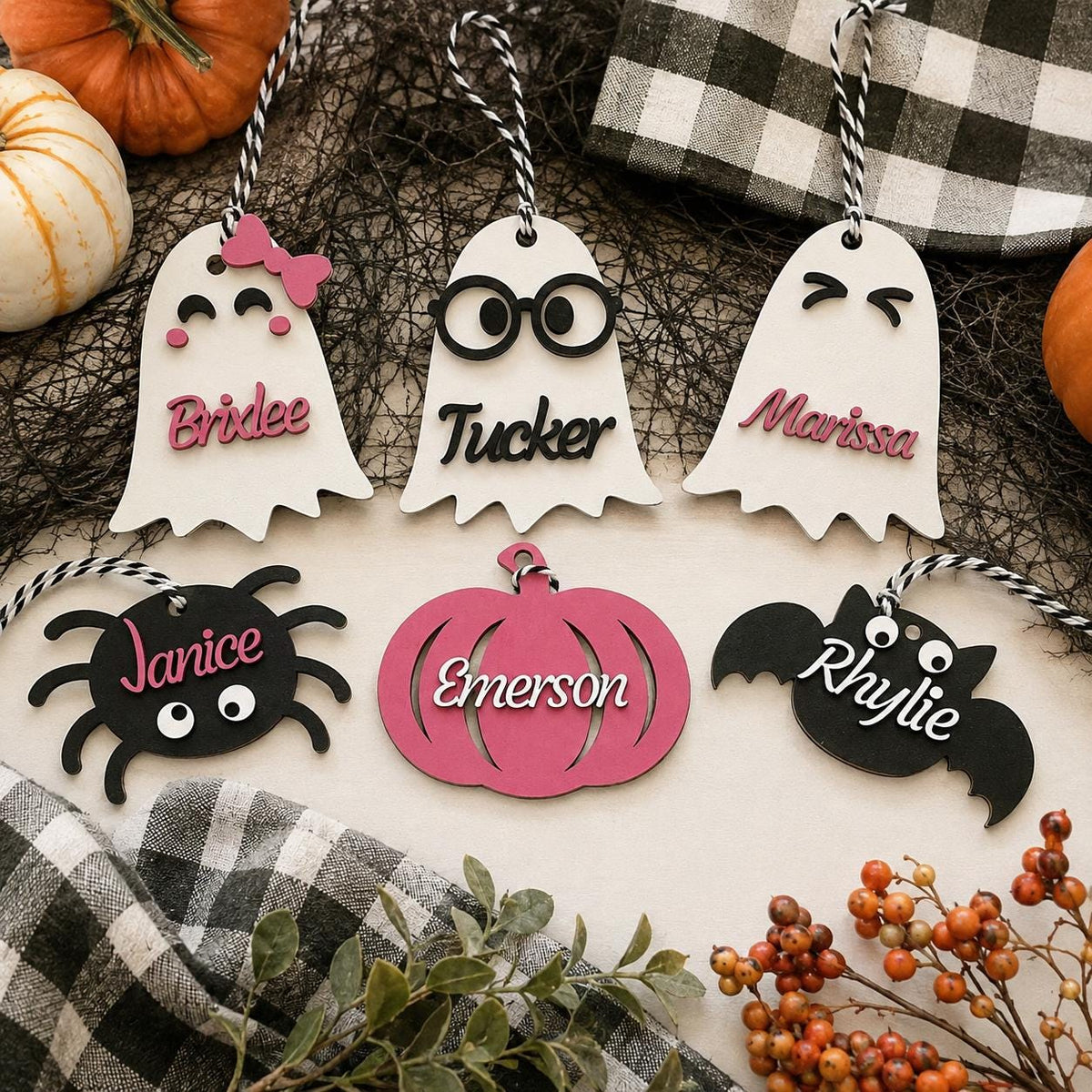 Personalized Halloween Name Tag, Wooden Trick or Treat Basket Charm, Ghost Pumpkin Bat Spider