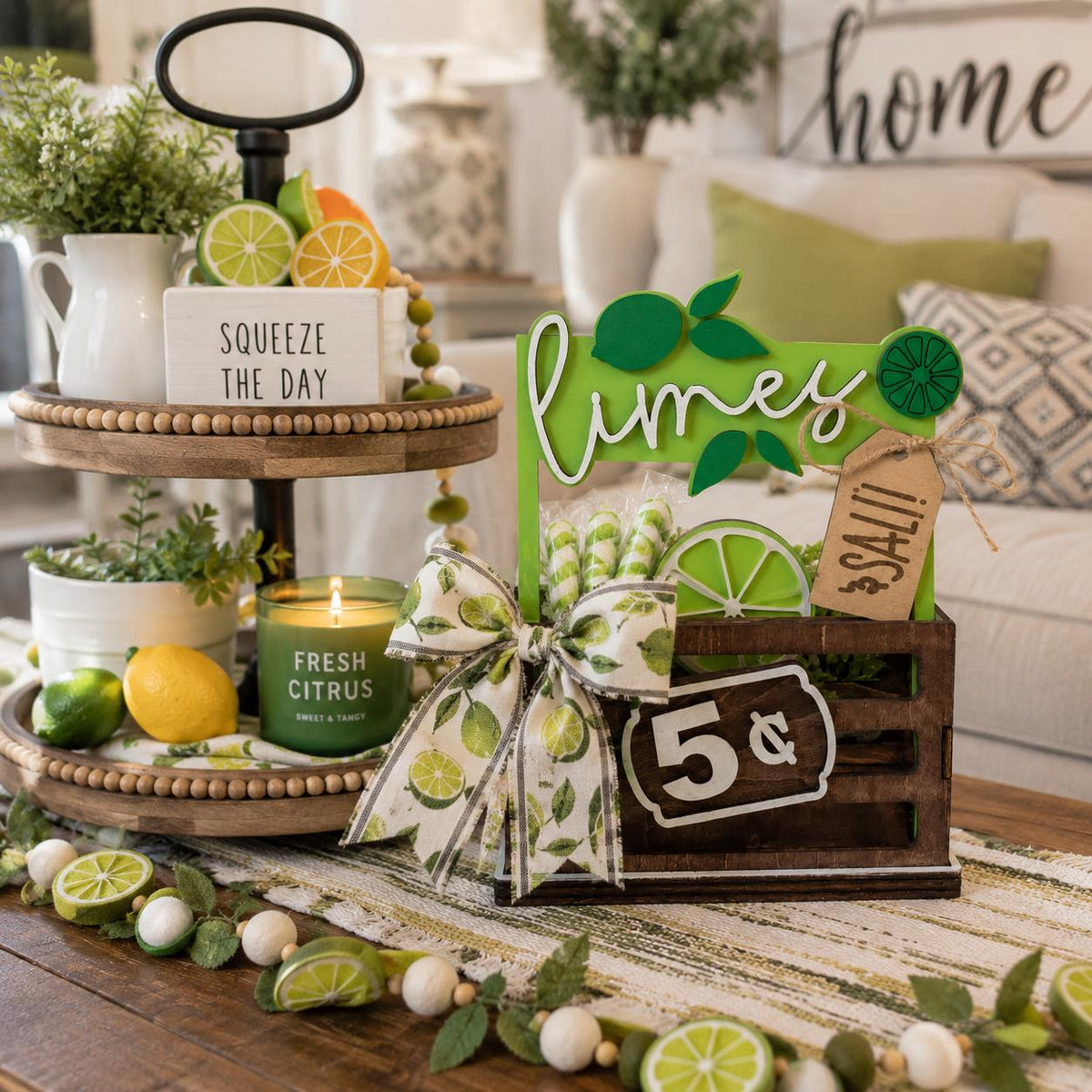 Limes Interchangeable Sign & Wooden Crate | Summer Citrus Decor | Farmhouse Kitchen Decor | Tiered Tray Accent | Handmade Shelf Sitter