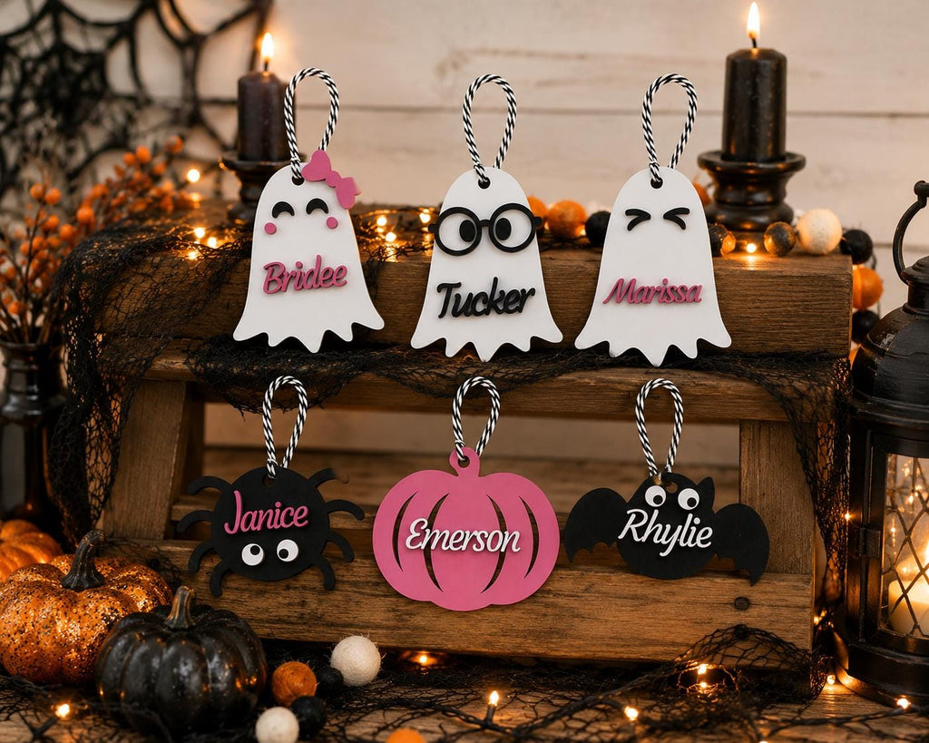Personalized Halloween Name Tag, Wooden Trick or Treat Basket Charm, Ghost Pumpkin Bat Spider