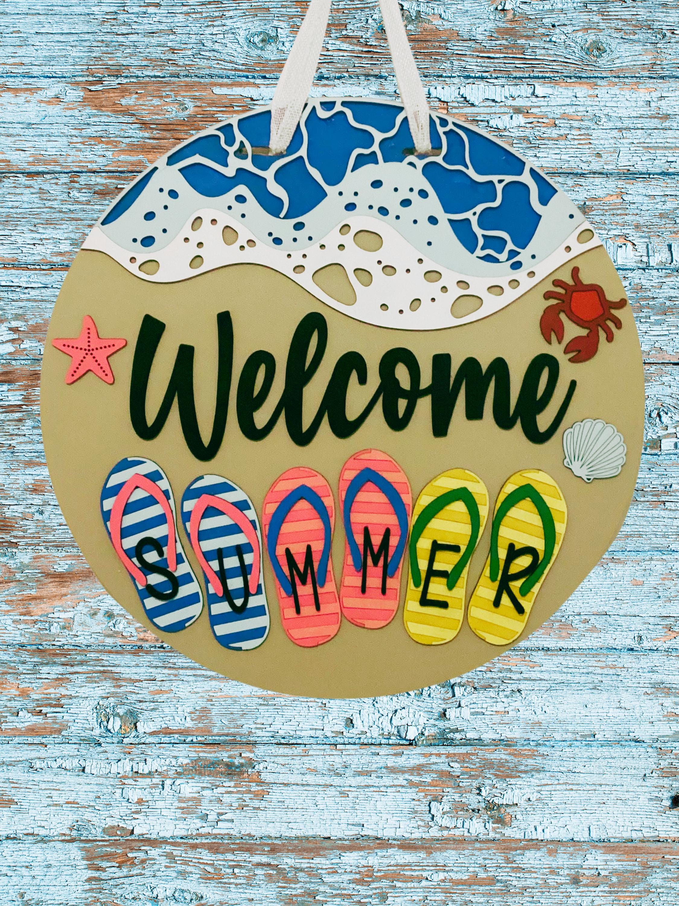 Welcome Summer Door Sign | Flip Flop Beach Door Hanger | Coastal Front Porch Decor
