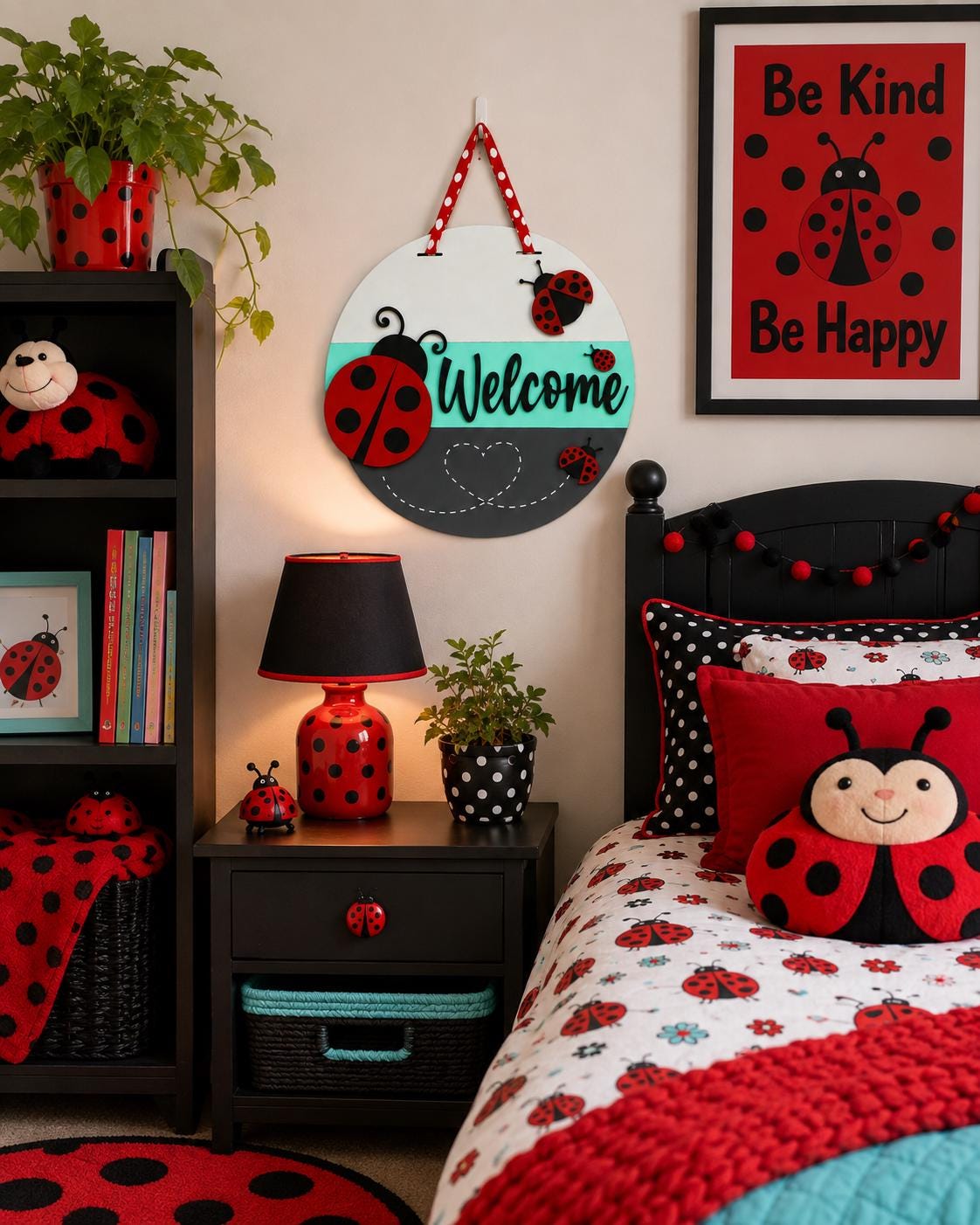 Handmade Ladybug Welcome Door Sign, 16" Layered Wood Porch Decor