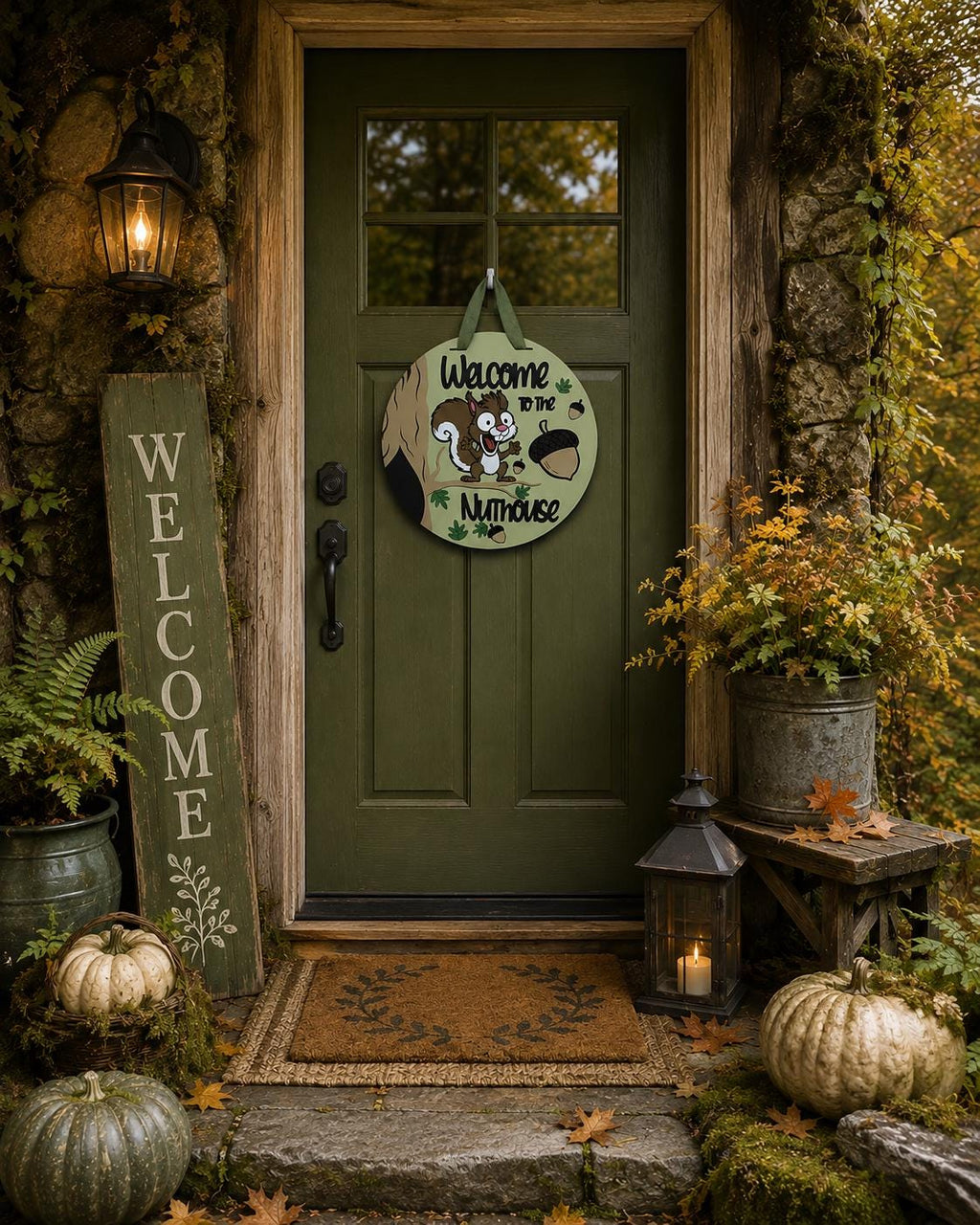 Welcome to the Nuthouse Door Sign | Squirrel Fall Porch Decoration | 16” Wood Sign