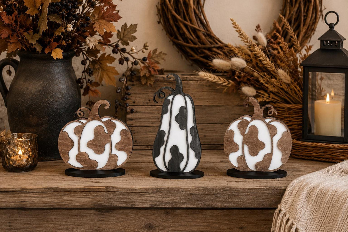 Set of 3 Cow Print Wooden Pumpkins, Rustic Western Farmhouse Fall Decor